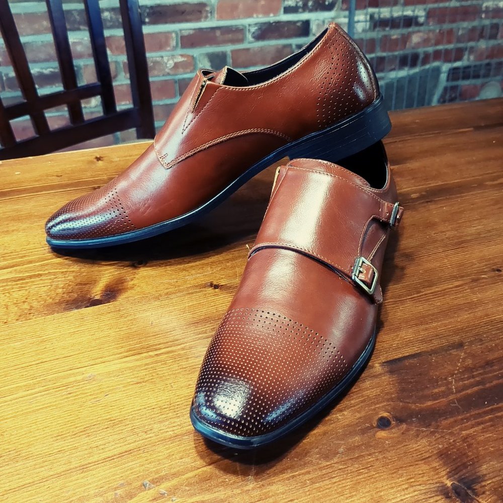 Call it Spring Men's Monk Strap Dress Shoe, size 10, Cognac Brown, Vegan Leather